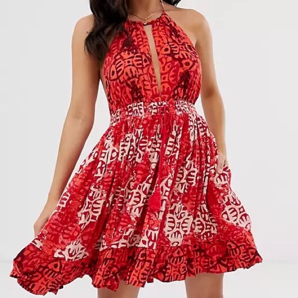 FREE PEOPLE BEACH DAY RED BLOCK PRINT HALTER TIE OPEN BACK SWING DRESS XS - Picture 3 of 16